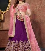 Purple Embroidered Silk Semi Stitched Lehenga With Dupatta