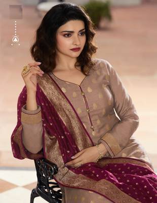 Beige Embroidered Silk Blend Semi Stitched Salwar With Dupatta 2