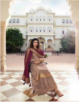 Beige Embroidered Silk Blend Semi Stitched Salwar With Dupatta 3