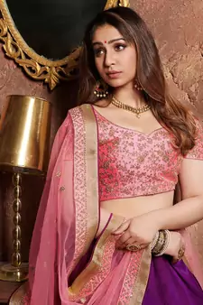 Purple Embroidered Silk Semi Stitched Lehenga With Dupatta