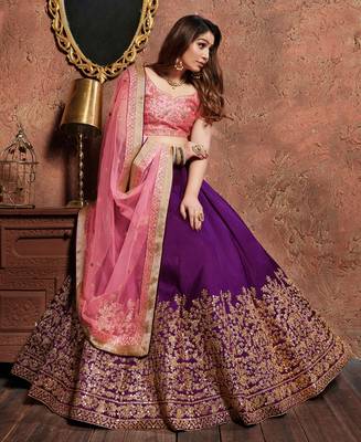 Purple Embroidered Silk Semi Stitched Lehenga With Dupatta 4
