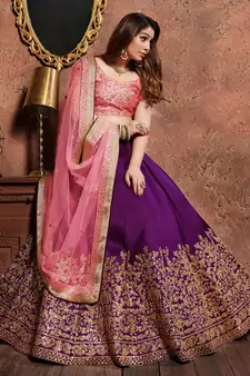 Purple Embroidered Silk Semi Stitched Lehenga With Dupatta