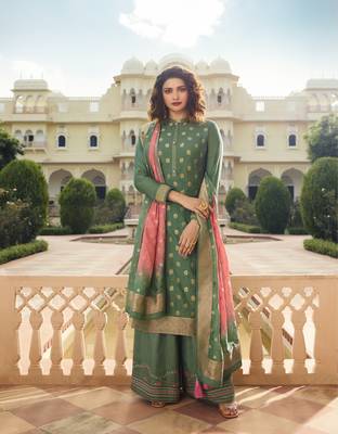 Green Embroidered Silk Blend Semi Stitched Salwar With Dupatta 1