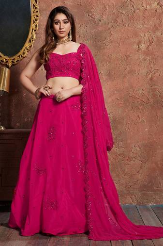Eye Catching Romantic Rani Pink Zari, Sequins, And Dori Embroidered Georgette Semi Stitched Party Wear Lehenga