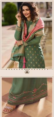 Green Embroidered Silk Blend Semi Stitched Salwar With Dupatta 2
