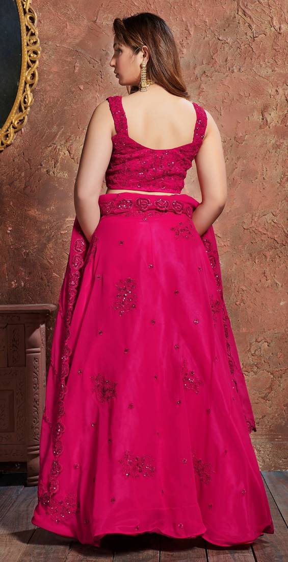 Eye Catching Romantic Rani Pink Zari, Sequins, And Dori Embroidered Georgette Semi Stitched Party Wear Lehenga