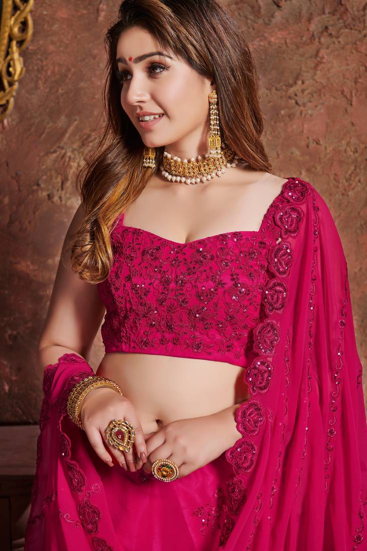 Eye Catching Romantic Rani Pink Zari, Sequins, And Dori Embroidered Georgette Semi Stitched Party Wear Lehenga