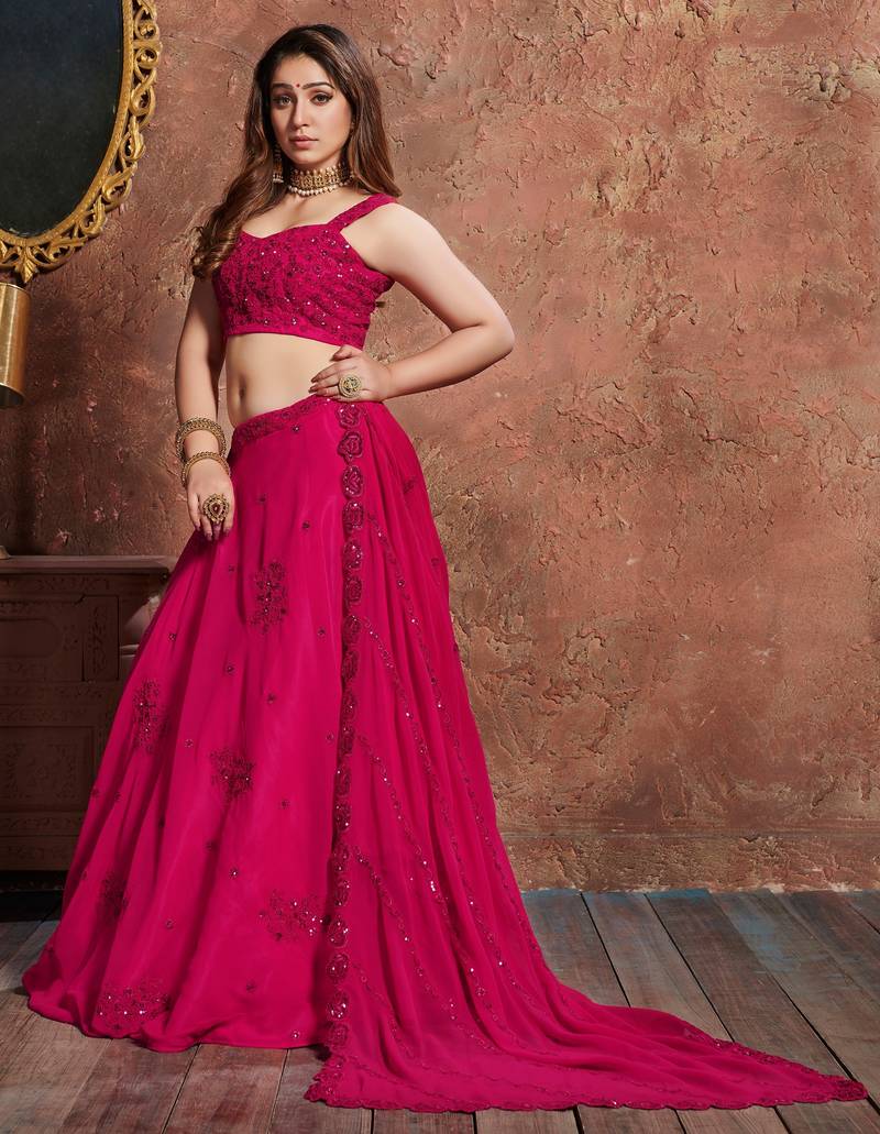 Eye Catching Romantic Rani Pink Zari, Sequins, And Dori Embroidered Georgette Semi Stitched Party Wear Lehenga