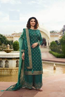 Green Embroidered Silk Blend Semi Stitched Salwar With Dupatta 1