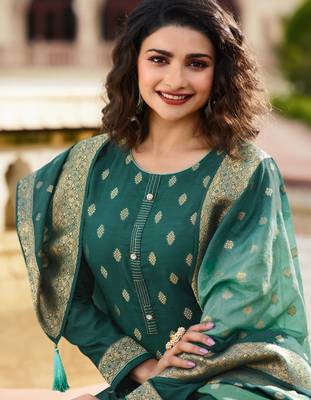 Green Embroidered Silk Blend Semi Stitched Salwar With Dupatta 2