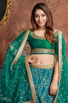 Turquoise Embroidered Art Silk Semi Stitched Lehenga With Dupatta