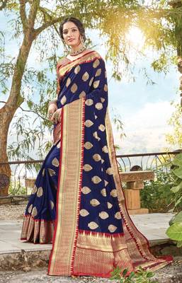 Navy Blue Dola Silk Zari Work Traditional Saree 1