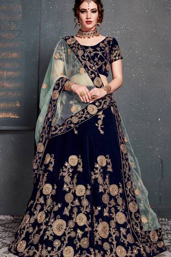 Navy Blue Embroidered Velvet Semi Stitched Lehenga With Dupatta