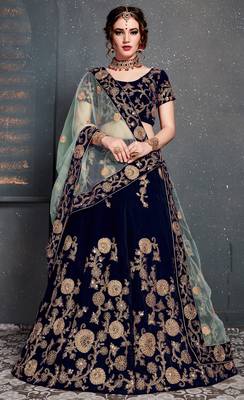 Navy Blue Embroidered Velvet Semi Stitched Lehenga With Dupatta 1