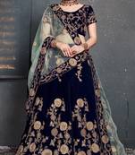Navy Blue Embroidered Velvet Semi Stitched Lehenga With Dupatta