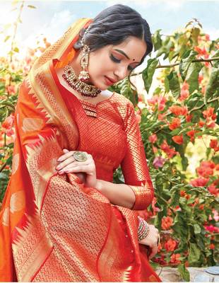 Orange Dola Silk Zari Work Traditional Saree 2