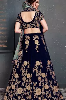 Navy Blue Embroidered Velvet Semi Stitched Lehenga With Dupatta