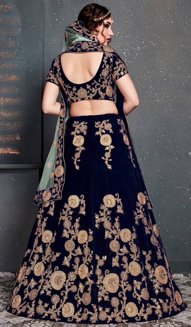 Navy Blue Embroidered Velvet Semi Stitched Lehenga With Dupatta