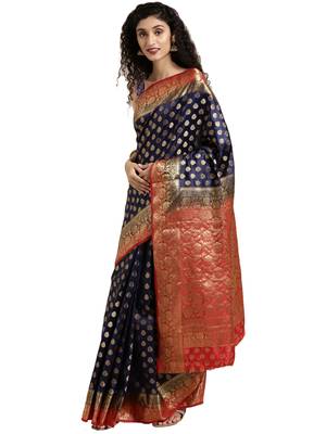 Navy Blue Woven Silk Saree With Blouse 1