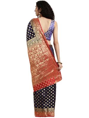 Navy Blue Woven Silk Saree With Blouse 2