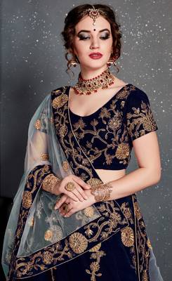 Navy Blue Embroidered Velvet Semi Stitched Lehenga With Dupatta 3