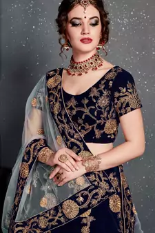 Navy Blue Embroidered Velvet Semi Stitched Lehenga With Dupatta