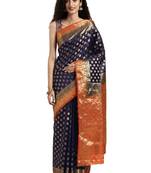 Navy Blue Woven Silk Saree With Blouse