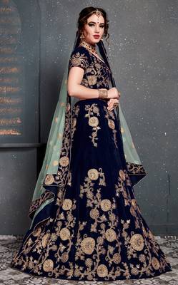 Navy Blue Embroidered Velvet Semi Stitched Lehenga With Dupatta 4
