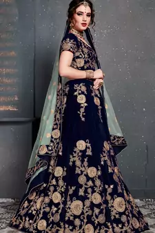 Navy Blue Embroidered Velvet Semi Stitched Lehenga With Dupatta