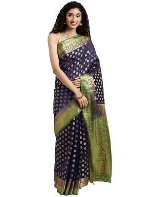 Navy Blue Woven Silk Saree With Blouse 1