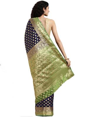 Navy Blue Woven Silk Saree With Blouse 2