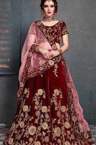 Maroon Embroidered Velvet Semi Stitched Lehenga With Dupatta