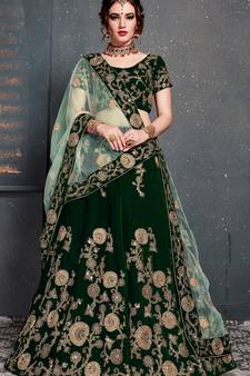 Dark Green Embroidered Velvet Semi Stitched Lehenga With Dupatta