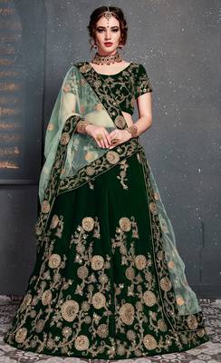 Dark Green Embroidered Velvet Semi Stitched Lehenga With Dupatta 1