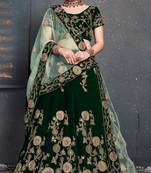 Dark Green Embroidered Velvet Semi Stitched Lehenga With Dupatta