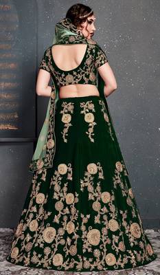 Dark Green Embroidered Velvet Semi Stitched Lehenga With Dupatta 2