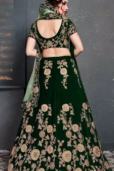 Dark Green Embroidered Velvet Semi Stitched Lehenga With Dupatta
