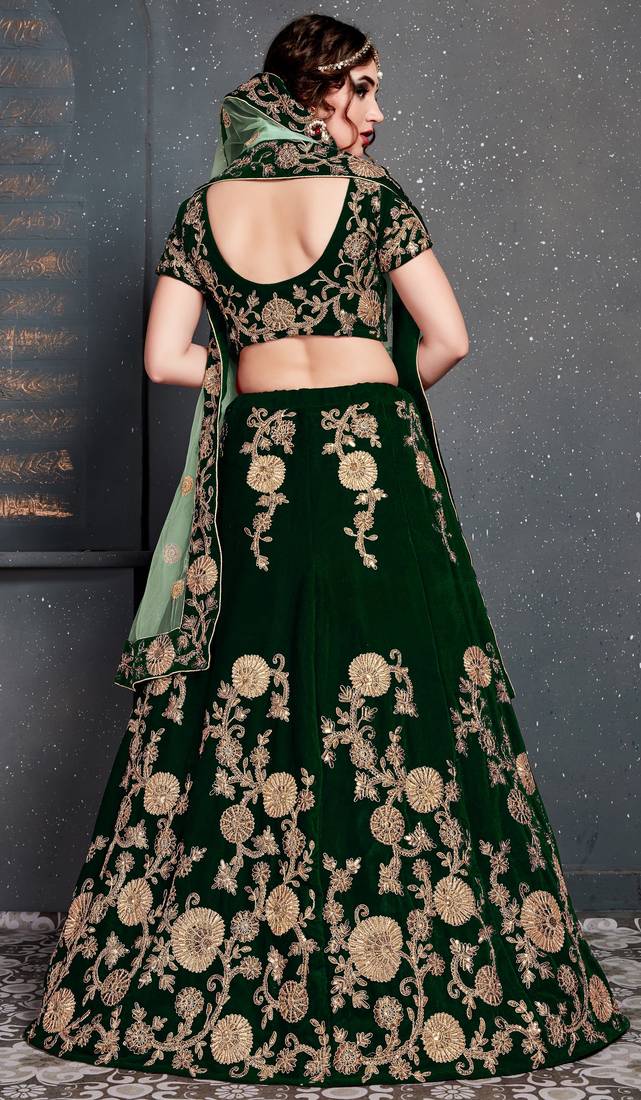 Dark Green Embroidered Velvet Semi Stitched Lehenga With Dupatta