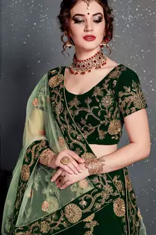 Dark Green Embroidered Velvet Semi Stitched Lehenga With Dupatta