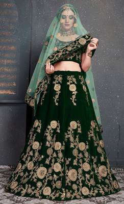 Dark Green Embroidered Velvet Semi Stitched Lehenga With Dupatta 4