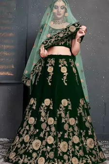 Dark Green Embroidered Velvet Semi Stitched Lehenga With Dupatta