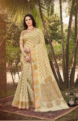 Beige Handloom Silk Zari Work Traditional Saree 1
