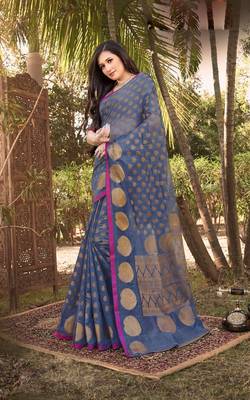 Sangam Prints Blue Handloom Silk Zari Work Traditional Saree 1