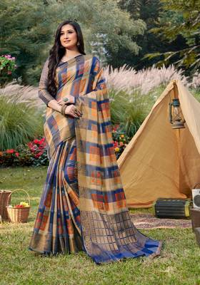 Sangam Prints Blue & Beige Handloom Silk Zari Work Traditional Saree 1
