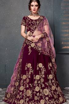 Purple Embroidered Velvet Semi Stitched Lehenga With Dupatta