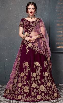 Purple Embroidered Velvet Semi Stitched Lehenga With Dupatta 2