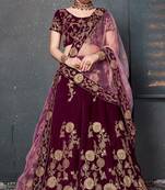 Purple Embroidered Velvet Semi Stitched Lehenga With Dupatta