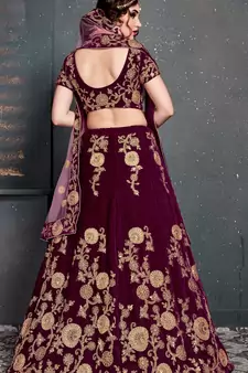 Purple Embroidered Velvet Semi Stitched Lehenga With Dupatta