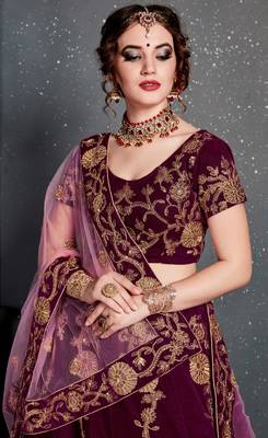 Purple Embroidered Velvet Semi Stitched Lehenga With Dupatta 4