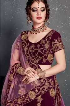 Purple Embroidered Velvet Semi Stitched Lehenga With Dupatta